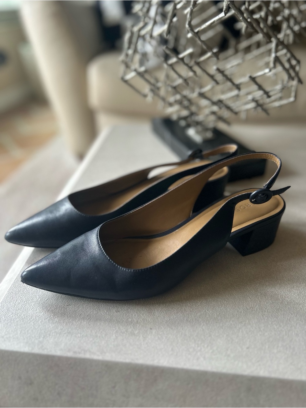 Navy Leather Pointed Toe Slingback Thick 2” Block Heels Size 11